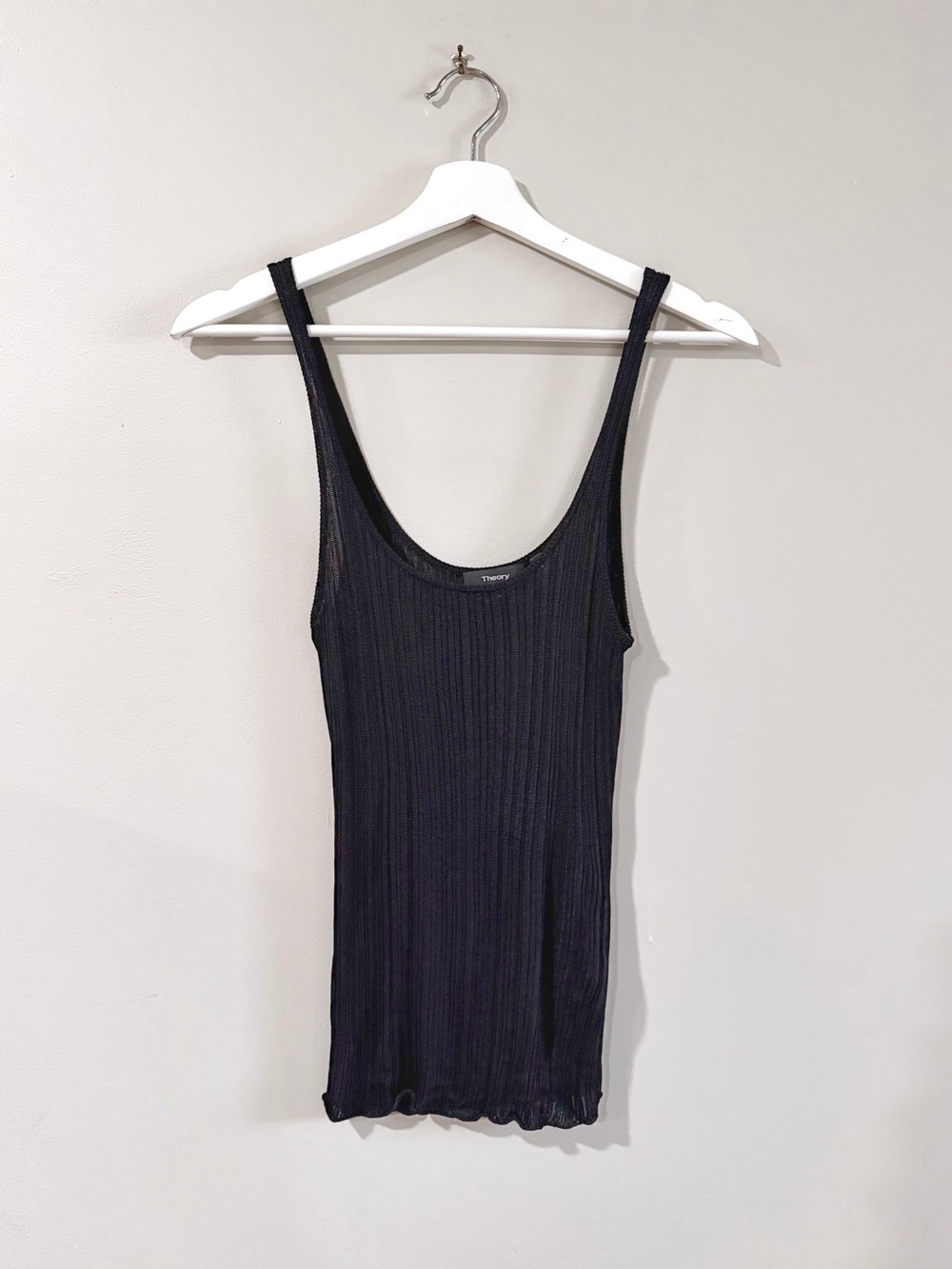 Theory Women XS Black Semi Sheer Ribbed Knit Rayon Tank Quiet Luxury Minimalist